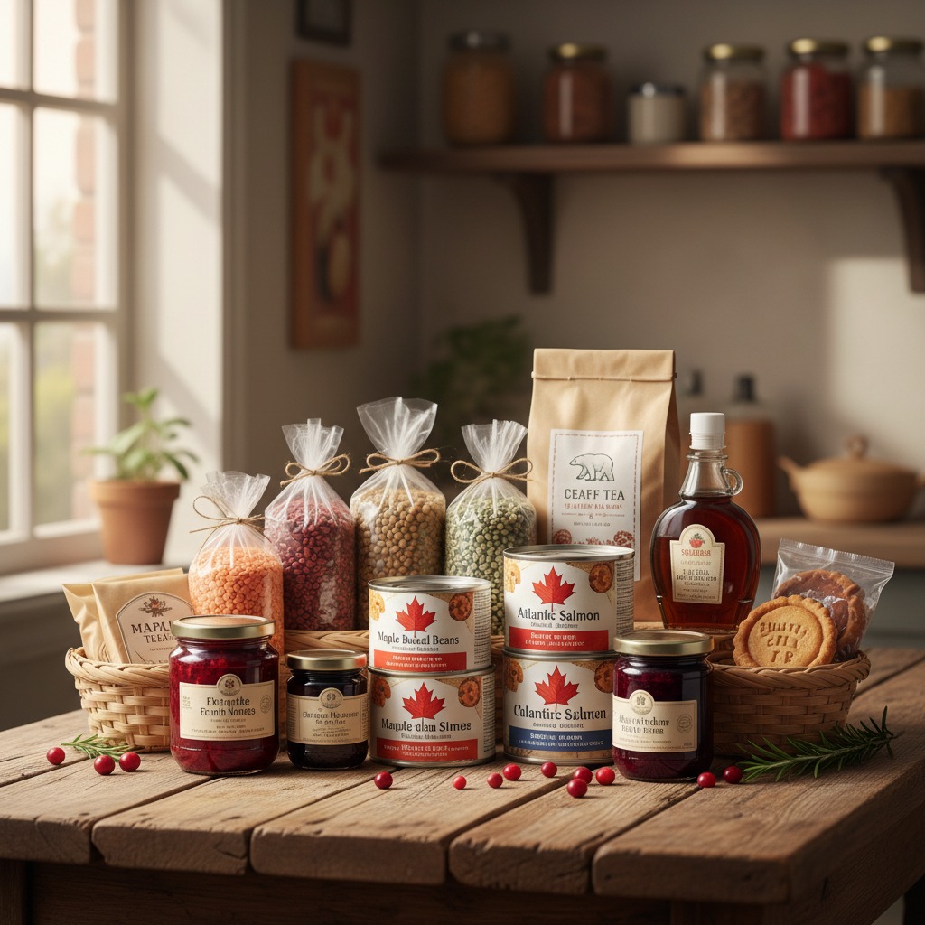 Two wicker baskets filled with assorted grocery items, including canned goods, bags of legumes, jars of preserves, and a bottle of syrup, sit on a rustic wooden table in a brightly lit kitchen.